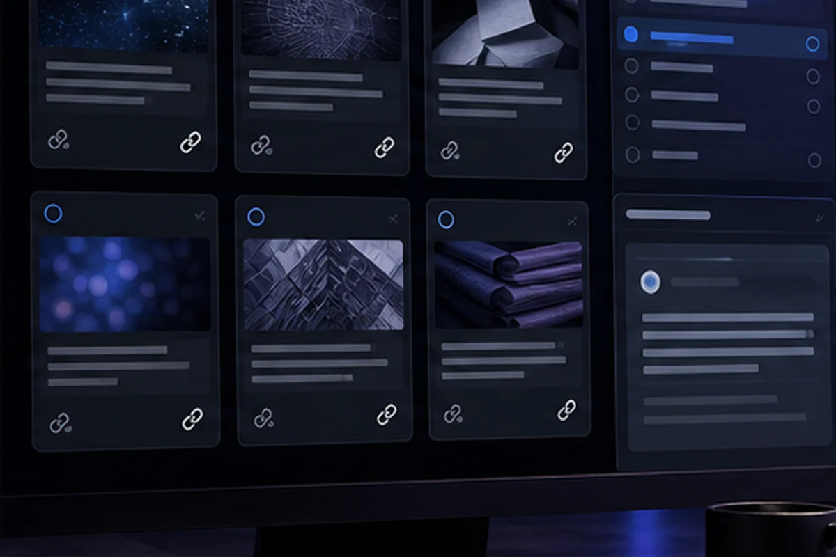 Research monitor with source cards, link icons and a fact-check panel